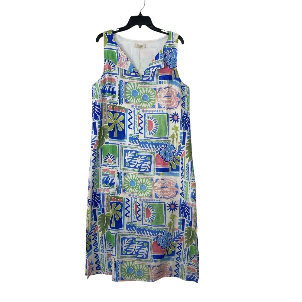 Bellambra Italy Linen Blend Shift Dress Women L Blue Green Pink Print Sleeveless